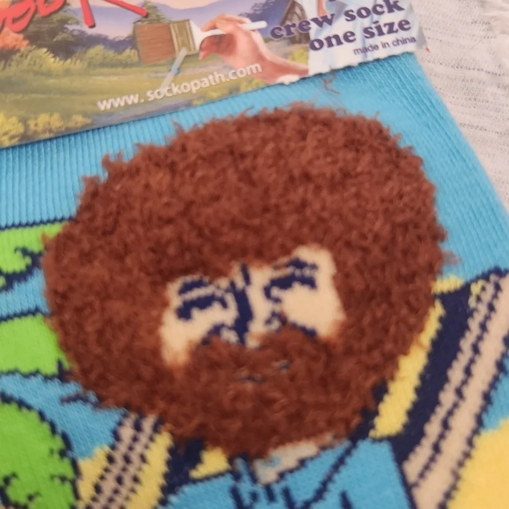 Super fun The joy of painting unisex Bob Ross crew socks, new with tags!